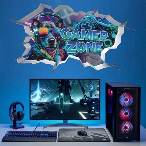 ANHUIB 3D Gaming Wall Decals Blue Gamer Wall Stickers Gaming Room Decor Gamer Zone Peel and Stick Art Decal Xbox DecalsTeenagers Boy Bedroom Playroom Wall Decoration Dog Gaming Bedroom Accessories