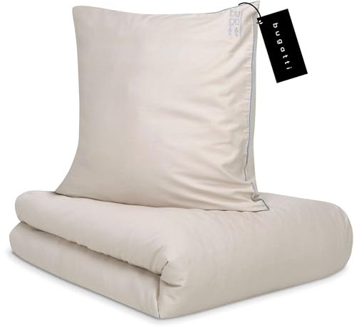 bugatti Bettwäsche 135x200 cm - 100% Baumwolle, Reißverschluss, anschmiegsam, weich & waschbar, Satinbettwäsche beige blau einfarbig