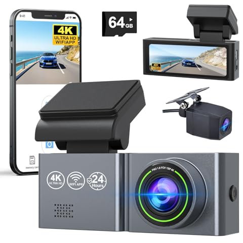 Dash Cam, 4K/1080P Dash Cam Front and Rear with Hardwire Kit, Built-in WiFi Dashcam with 64GB SD Card, Dashcam Front and Rear Camera with Super Night Vision, 24H Parking Mode, G-Sensor, Loop Recording