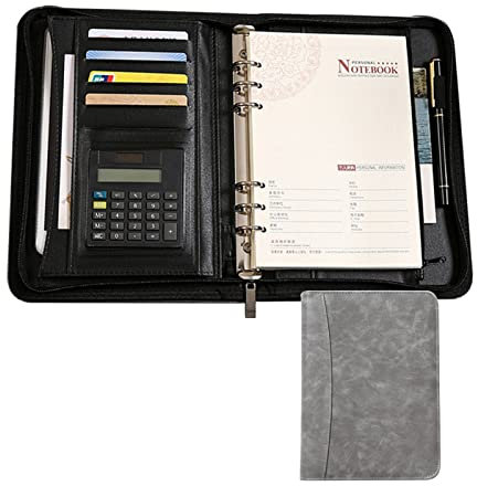 Ringbuch Konferenzmappe A5 Schreibmappe Dokumentenmappe Aus Leder Portfolio Mit Reißverschluss Taschenrechner Und Notizblock Klemmbrett Für Damen Herren(Graey)