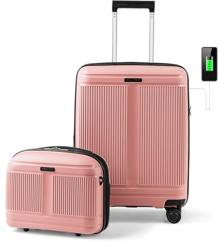 GOPLUS 2 TLG. Hartschalenkoffer, Koffer Set mit Kabinenkoffer 20 & Kosmetikkoffer 14, Kabinengepäck mit 4 doppelten schwenkbaren Rädern, TSA-Schloss, USB-Anschluss, Reisekoffer Set 55cm-35L(Rosa)