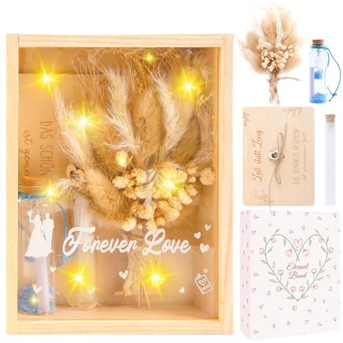 Hochzeitsgeschenke für Brautpaar, Hochzeitsgeldgeschenkbox, Geldgeschenk Hochzeit, Holz Hochzeitsgeschenke Geldgeschenkbox mit Trockenblumen, Lichterkette & Geldklammer Für Verlobung Hochzeitstag