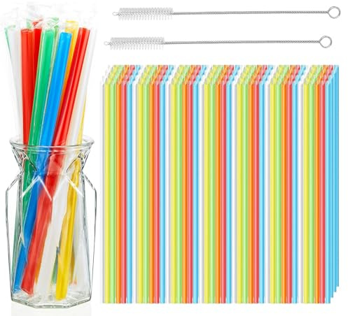 Gudemoore 100 Stück Strohhalme Plastik,Buntfarbene Trinkhalme Plastik,Strohhalme Plastik Einweg,mit 2 Strohhalm Bürste,für Cocktail Coffee Juice Getränke(9.05 Zoll lang,0.23 Zoll Durchmesser)