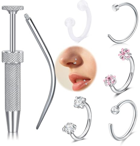 VFUN 18g Internal Thread Horseshoe Nose Ring Septum Piercing with Diamond Replacement Tops Stainless Steel 8mm Hypoallergenic Nostril Jewelry for Women Men