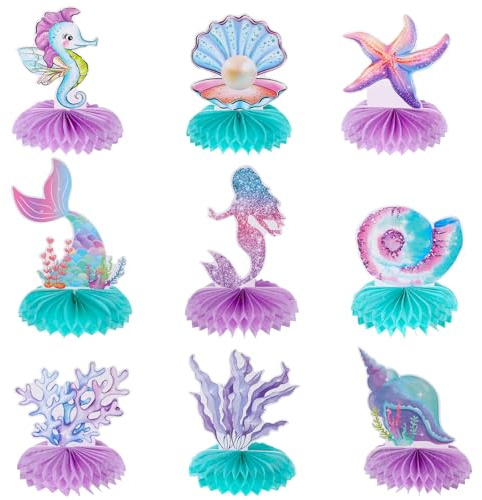 9 Stück Meerjungfrau Geburtstag Deko Meerjungfrau Kindergeburtstag Wabenbälle Tischdeko Geburtstag Mädchen, Meerjungfrauen Unterwasserwelt Deko Happy Birthday Party Zubehör 3D Papier Aufsteller