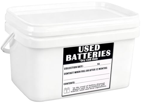 Klmnop Battery Recycling Container 1.32 Gallon with Lid and Handle, Dry-Cell Battery Disposal Bin with Label for Home, Office, Garage, Schools Use(White)