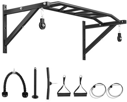 SPORTNOW Barre de traction murale Barre de Fitness Multi-Grip 200 kg Noir | Multi-Prise en Main Multifonctionnelle, en Acier Robuste, Système de Poulie à Câble, Pull Up Bar Domicile