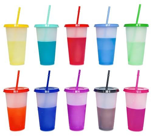 Lot de 10 gobelets à changement de couleur, 710 ml, avec couvercle, gobelets en plastique colorés, réutilisables, avec couvercle et paille, gobelets de fête à changement de couleur, pour café, boisson