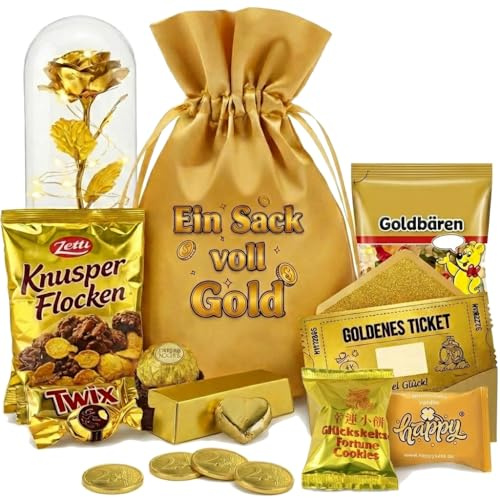 Ein Sack voll Gold – wiederverwendbarer Satin-Geschenkbeutel mit lustigem Aufdruck als Geld-Geschenk mit goldenen Leckereien & befüllbarem Goldbarren, Größe XXL