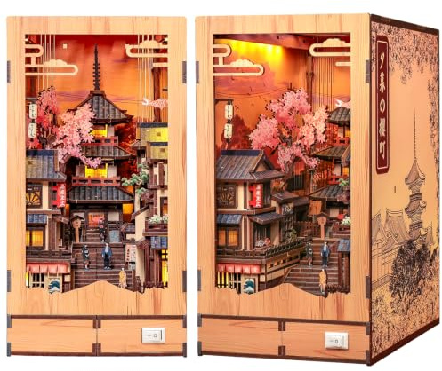 Cutefun Kit de maison miniature de Kyoto à faire soi-même, puzzle 3D en bois avec 400 pièces et plus de 400 serre-livres japonais avec LED, insert pliable en fleurs de cerisier pour adultes (sentier