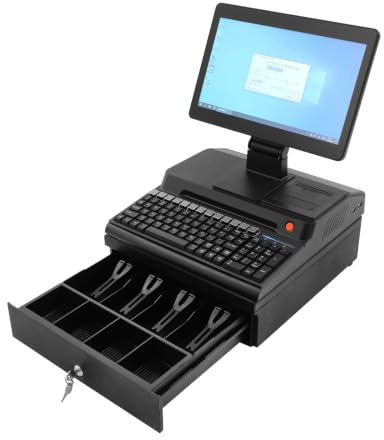 Elektronische Registrierkasse mit 14 Zoll Touchscreen, Kassensystem mit LED-Kundendisplay & eingebautem Bon-Drucker, POS-System mit verstellbarem Winkel für Einzelhandel, Supermarkt, Café