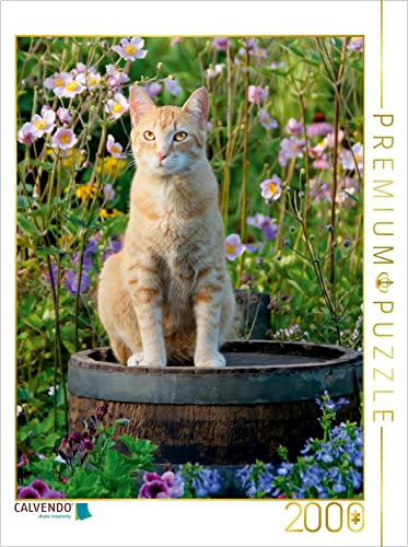 CALVENDO Puzzle Rote Katze auf Holzfass im blühenden Garten 2000 Teile Puzzle hoch | 2000 Teile Lege-Größe 67 x 90 cm Foto-Puzzle für glückliche Stunden