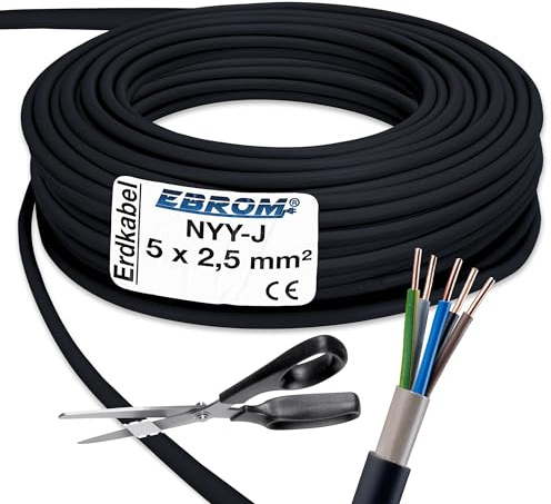 EBROM Erdkabel NYY-J 5x2,5 mm² Starkstromkabel Erdleitung schwarz - 24 m | 10m bis 150m - Elektrokabel zur Verlegung im freien oder im Erdreich, VDE 0276 Teil 603 - Nennspannung: 600/1000V, 5x2,5 mm2