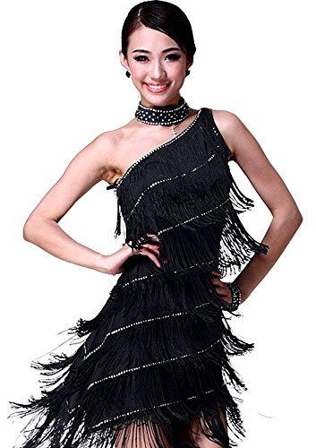 Latein Tanz Kleider Kostüme - Latin Tänze Walzer Tango Swingtanz Party Salsa Dekoration Accessoires Pailletten Quasten Wettbewerb Ball Rock Trikot Tanzkleid für Damen Mädchen - Polyamidfaser (Schwarz)