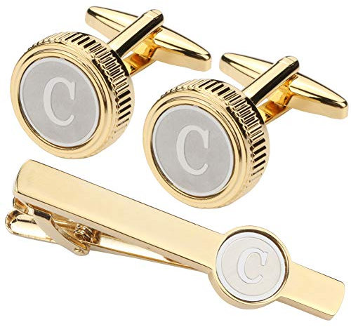 GWD Ensemble de boutons de manchette et pinces à cravate pour homme avec initiales de l'alphabet de A à Z Coffret cadeau, 0.63in, Métal, Pas de gemme