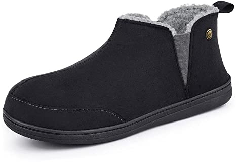 VeraCosy Men's Micro Suede Faux Wool Blend Hi-Top Boot Slippers House Shoes with Elastic Dual Gores Black,9 UK