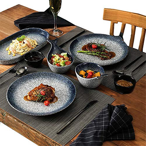 Set di stoviglie in ceramica, stoviglie retrò giapponesi, include 2 piatti occidentali / 1 piatto ovale / 2 tovagliette / 2 piatti per condimento / 2 ciotole per snack / coltello cucchiaio forchetta