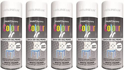 5 x 400ML White Primer Spray Paint Metal Plastic Wood Paint MATT Finish Quick Drying Primer All Purpose Primer for Interior and Exterior