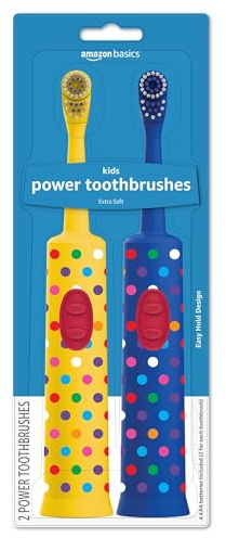 Amazon Basics Kids Electric Toothbrush, Battery Powered, Soft Bristles, Oscillating Brush Head, Ages 4+, 2 Count, 1-Pack (Previously Solimo)