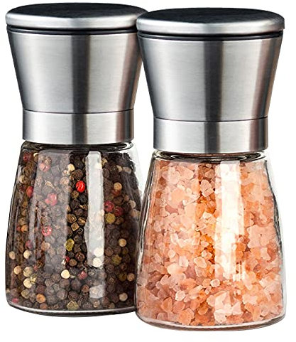 FARI Salz- und Pfeffermühlen Set, 2er Pack von Glas Pfeffermühlen Shaker mit Einstellbarer Grobheit (kurz)