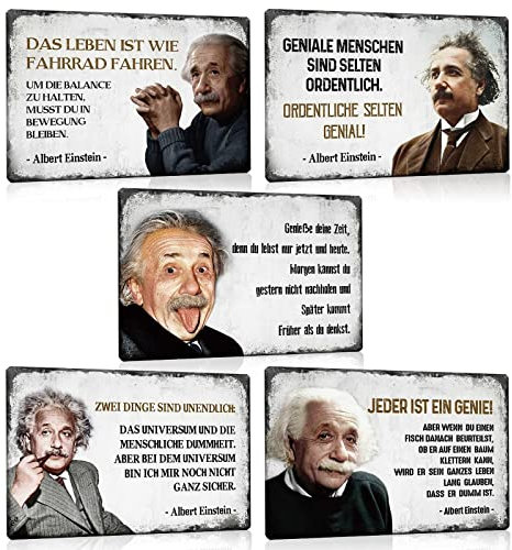 5er Set Retro Blechschilder Sprüche - Albert Einstein Metall-schild mit Spruch - Vintage Wand-Deko Schild Poster Geschenkidee 20x30cm