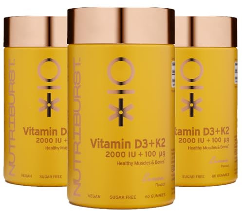 Nutriburst Vitamin D3 (200IU) + K2 (100µg) Multipack - Essential Nutrients to Support Bone Health, Skeletal & Immune Function - Vegan & Sugar Free - 180 Lemon Gummies - 3 Month Supply