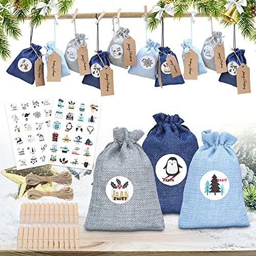 DazSpirit Adventskalender Zum Befüllen,Weihnachtskalender Stoffsäckchen Adventskalender Zum Selberfüllen,Jutesäckchen Adventskalender Tüten Für Männer Frauen Kinder,Weihnachten Geschenktüten(24Pcs)