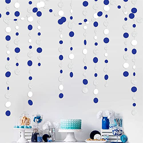 52Ft Marineblau Weiß und Silber Kreis Punkte Girlande Royal Blue Hanging Paper Polka Dots Streamer für Geburtstag, Hochzeit, Braut, Babyparty, Nautik, AHOI, Achor, Piratenthema, Party-Dekorationen
