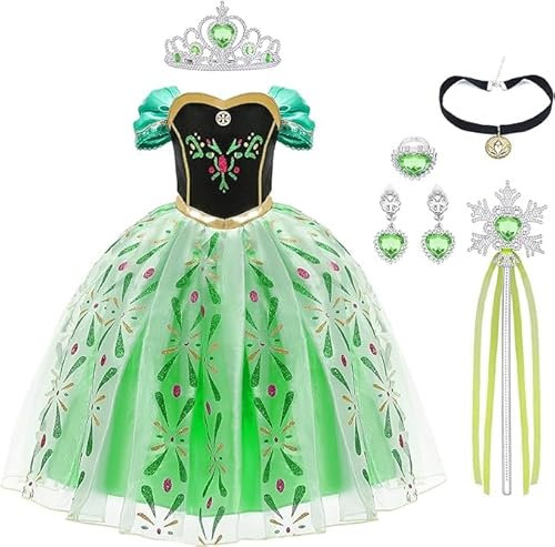 URAQT Mädchen Kostüm Kleid, Kinder Prinzessin Kostüm für Karneval Party Cosplay Verkleidung Halloween Fest Geburtstag, mit Zubehör Krone Zauberstab, 100CM