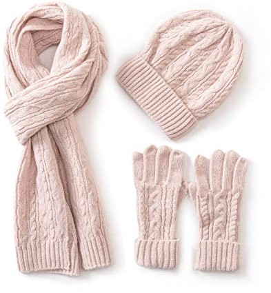 Villand 3 in 1 Damen Wolle Mütze, Schal & Handschuh Winter Sets, 3-teilige Zopfstrickmütze für Damen mit Geschenkbox (Rosa)