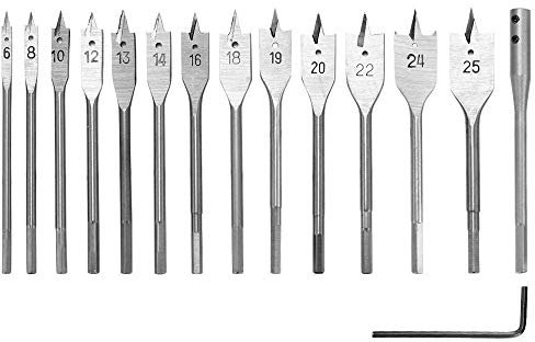 ASDUU 15Pcs Paddle Flat Wood Drill Bit High Carbon Steel Spade Hex Shank Cutter Carpenter Tool for Woodworking, Nylon Storage Pouch Included Drill Bits