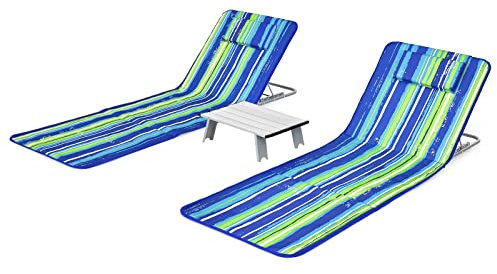 COSTWAY 2er Set Strandmatte mit Beistelltisch, Kopfkissen & Staufach, Liegematte mit Verstellbarer Rückenlehne, Sonnenmatte faltbar, leicht, tragbar, Strandliege für den Strand (Grün)