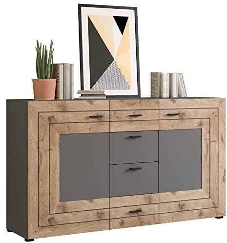 Newroom Sideboard Grau Eiche Kommode Modern - 160x90x40 cm (BxHxT) - Highboard Anrichte - [Lianne.one] Wohnzimmer Wohnstube Büro