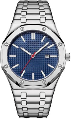ROSEBEAR Herren Analog-Quarz-Uhr, Silberfarbener Edelstahl, Klassische Business-Uhr, 30 Meter wasserdicht, Herrenuhr mit Datum und Kalender, Blaues Zifferblatt, Elegantes Geschenk