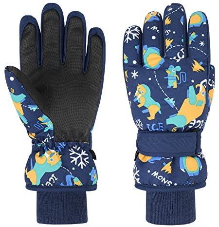 QKURT Gants de Ski pour Enfants, Gants de Neige Imperméables d'hiver, moufles de Ski de Dinosaure, moufles de Sports de Plein air pour Enfants pour Luge, Snowboard, Filles et Garçons de 2 à 13 Ans