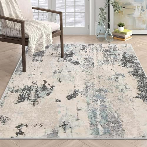 ASIinnsy Teppich Wohnzimmer Kurzflor Abstrakt Teppich Große Grau Modern Teppiche fürs Wohnzimmer Schlafzimmer Weich rutschfest Moderne Deko (Beige/Mehrfarbig, 80 x 120 cm)