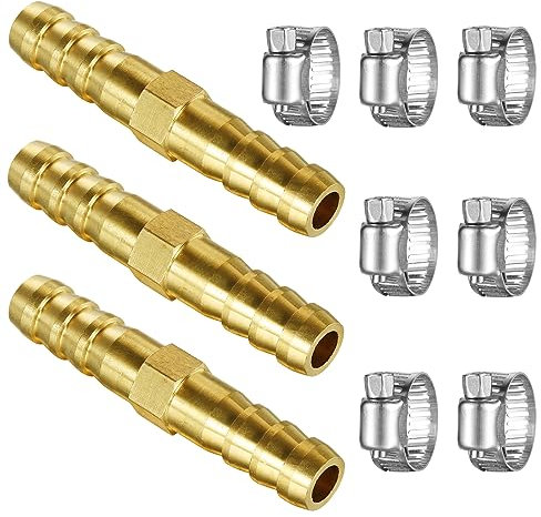 YuanTenhwy 3 PCS Solid Brass 3/8×3/8(10mm) Barbed Hose Fittings with 7 PCS Pipe Clamps, Hose Repair Kit,For Water/Air/Oil/Gas/Fuel, 2-way(straight)