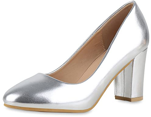 VAN HILL Damen Klassische Pumps Blockabsatz Schuhe Elegante Lack Absatzschuhe Party Freizeit Abendschuhe 211128 Silber 36