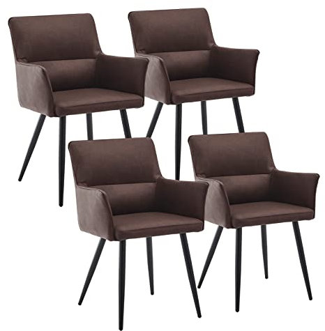 CLIPOP Esszimmerstuhl 4er Set Braun Kunstleder Esszimmerstühle Küchenstuhl Polsterstuhl mit Armlehne und Metall Beine, Retro Design Armlehnstuhl Sessel für Wohnzimmer Esszimmer