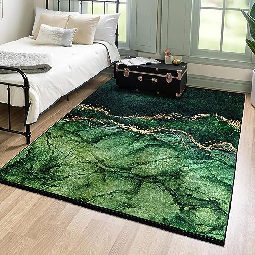 Mazovia Modern Teppich - Kurzflor Waschbar - Weich Teppich für Wohnzimmer, Schlafzimmer, Esszimmer – Teppiche Marmor Abstrakt Muster - Flaschengrün Grün 80 x 150 cm