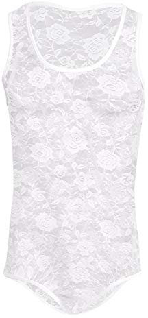 FYMNSI Body Herren Sexy Spitze Bodysuit Durchsichtig Stringbody Ärmellos Männerbody Unterwäsche Muskel Shirt High Cut Wrestling Unterhemd Einteiler Sissy Dessous Nachtwäsche Reizwäsche Weiß L