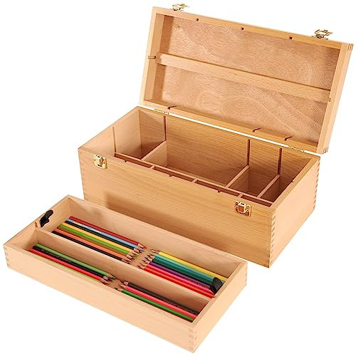 VISWIN Double-Layer Art Supply Storage Box, Portable Beech Wood Art Storage Organizer with Removable Dividers & Locking Clasps, Large Artist Storage Box for Brushes, Pens, Pastels & Painting Supplies