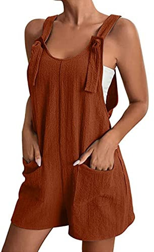 Pantalocini Intera Corta Donna Salopette da Donna Ampia Estiva Tuta Corta Senza ManicheTuta Intera Jumpsuit con Tasche Solidi Casual a Gamba Larga Pagliaccetti (Marrone Scuro, M)