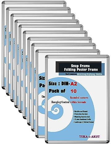 TUKA-i-AKUT 10er Aluminium Klapprahmen A2 | 25 mm Profil | Abgerundete Ecken | Schutzscheibe Befestigungsmaterial | Plakatrahmen Wechselrahmen Schnapprahmen Aufklappbar, Silber Farbe TKD8421-A2-10X