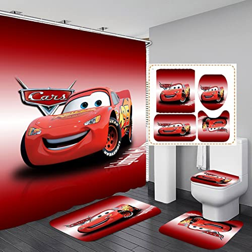 Cartoon Jungen Badezimmer 4-teiliges Set Duschvorhang, WC-Deckelbezug und Badematte, rutschfeste Teppiche, langlebig und wasserdicht, Badezimmer Accessoires für Badezimmer-Dekor-Set, 182,9 x 182,9 cm