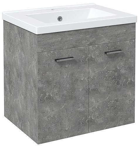 kleankin Mueble de Baño con Lavabo Cerámico Armario Bajo de Lavabo de Pared con 2 Puertas y Estante Ajustable Acabado Melamina 60x45,5x60 cm Gris