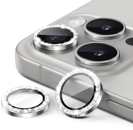 JETech Kameraschutz für iPhone 15 Pro 6,1 Zoll und iPhone 15 Pro Max 6,7 Zoll, Bling Glitzer Individuelle 9H Gehärtetes Glas Metallring Abdeckung, HD Klar, 1 Set (Titan Weiß)