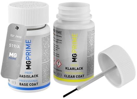 MG PRIME Vernice per auto Pennarello ritocco per Jeep 519/A Grigio Me. +1K | Grigio Metallic, Kit vernice di base + trasparente, Flaconi di vernice con pennellino, 50ml cad.