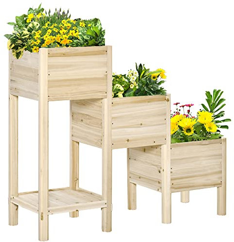 Outsunny Fioriera da Esterno a 3 Livelli con Ripiano Inferiore e Fori di Drenaggio, Fioriera in Legno di Abete, 125x45x108 cm, Color Legno