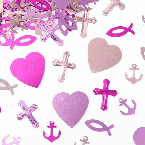 BHGT Kommunion Konfetti Taufe Konfetti Kommunion Streudeko Pink Anker Kreuz Herz Fisch Tischdeko Taufe Streudeko Glitzernd zum Basteln DIY Handwerk Taufe Deko (pink)